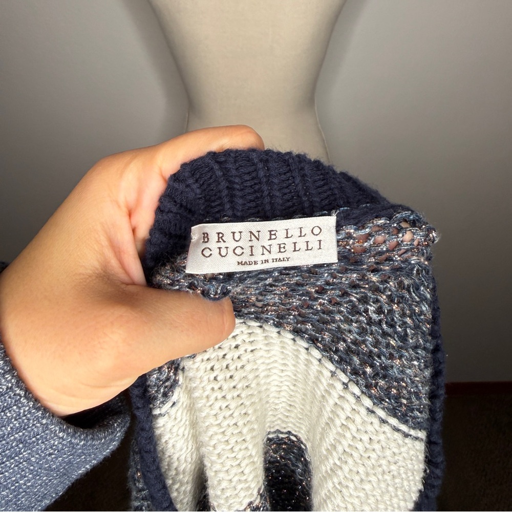 Brunello Cucinelli Cropped Striped Sweater Blue White Metallic Knit Size S - Picture 6 of 9